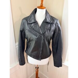 Bullskins Vintage Leather Motorcycle Jacket Side Lace Biker Black 14 Womens Med